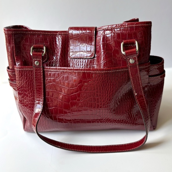 90s Style Liz Claiborne Red‎ Alligator Embossed Vegan Leather Shoulder Tote Bag - Picture 7 of 10